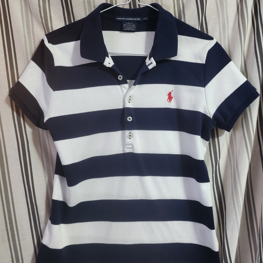 Ralph Lauren Navy and White Striped Polo, size LRG